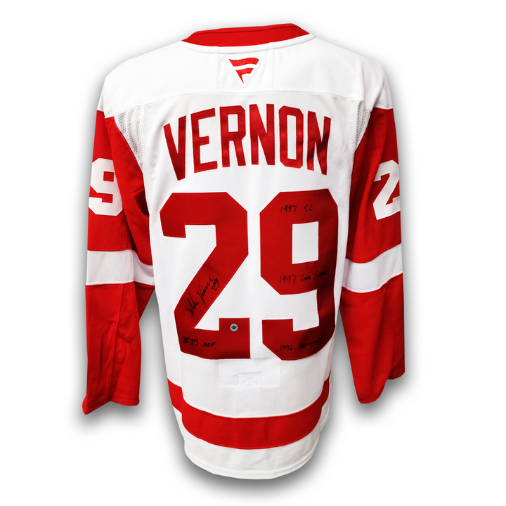 Mike Vernon Autographed Detroit Red Wings Away Fanatics Premium Career Jersey