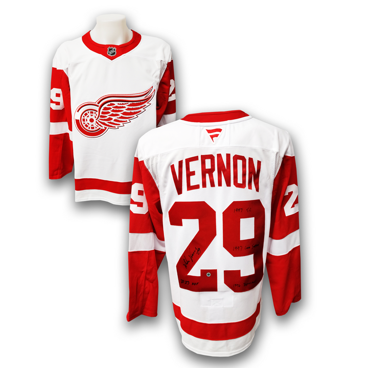 Mike Vernon Autographed Detroit Red Wings Away Fanatics Premium Career Jersey