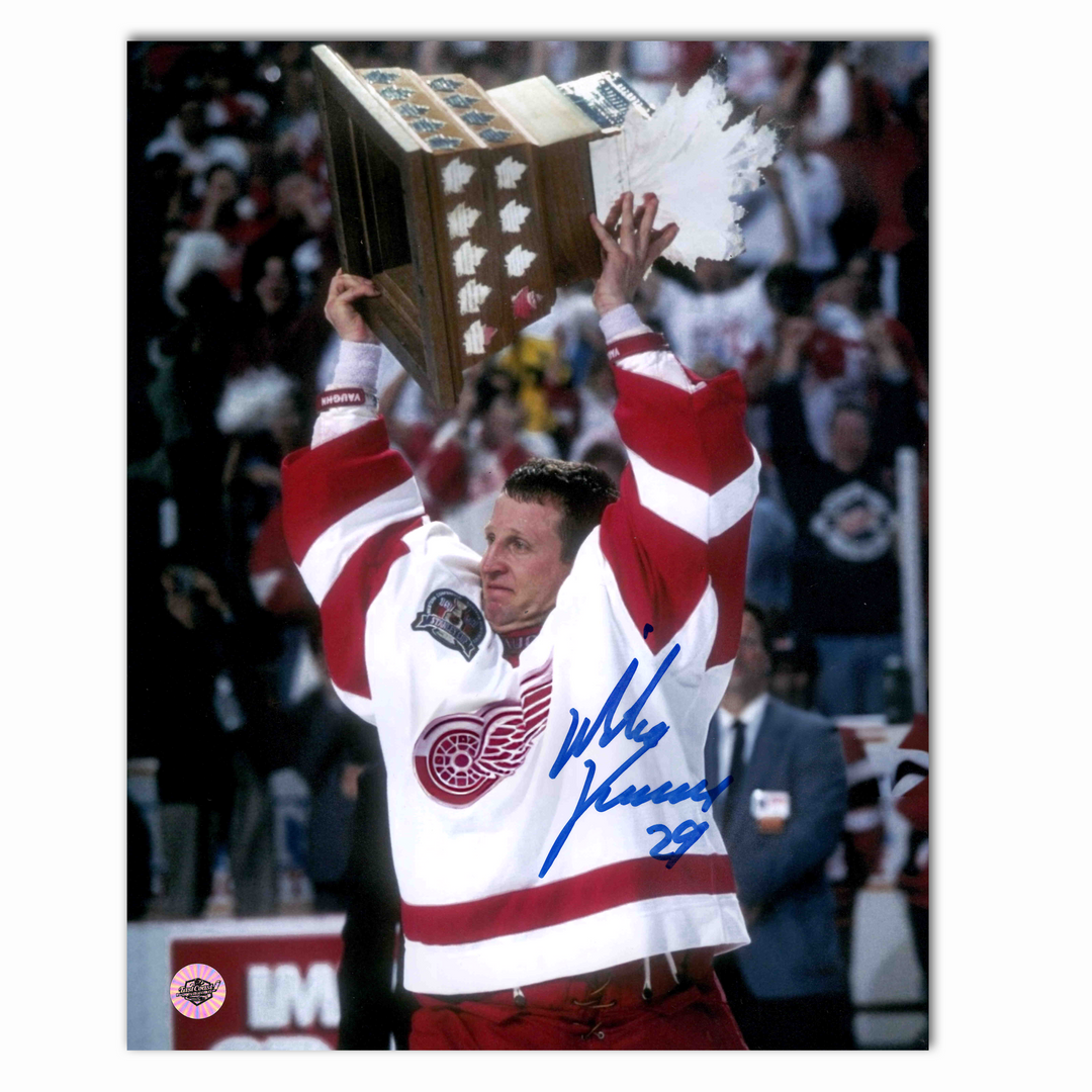 Mike Vernon Autographed Detroit Red Wings Conn Smythe Celebration 8x10 Photo