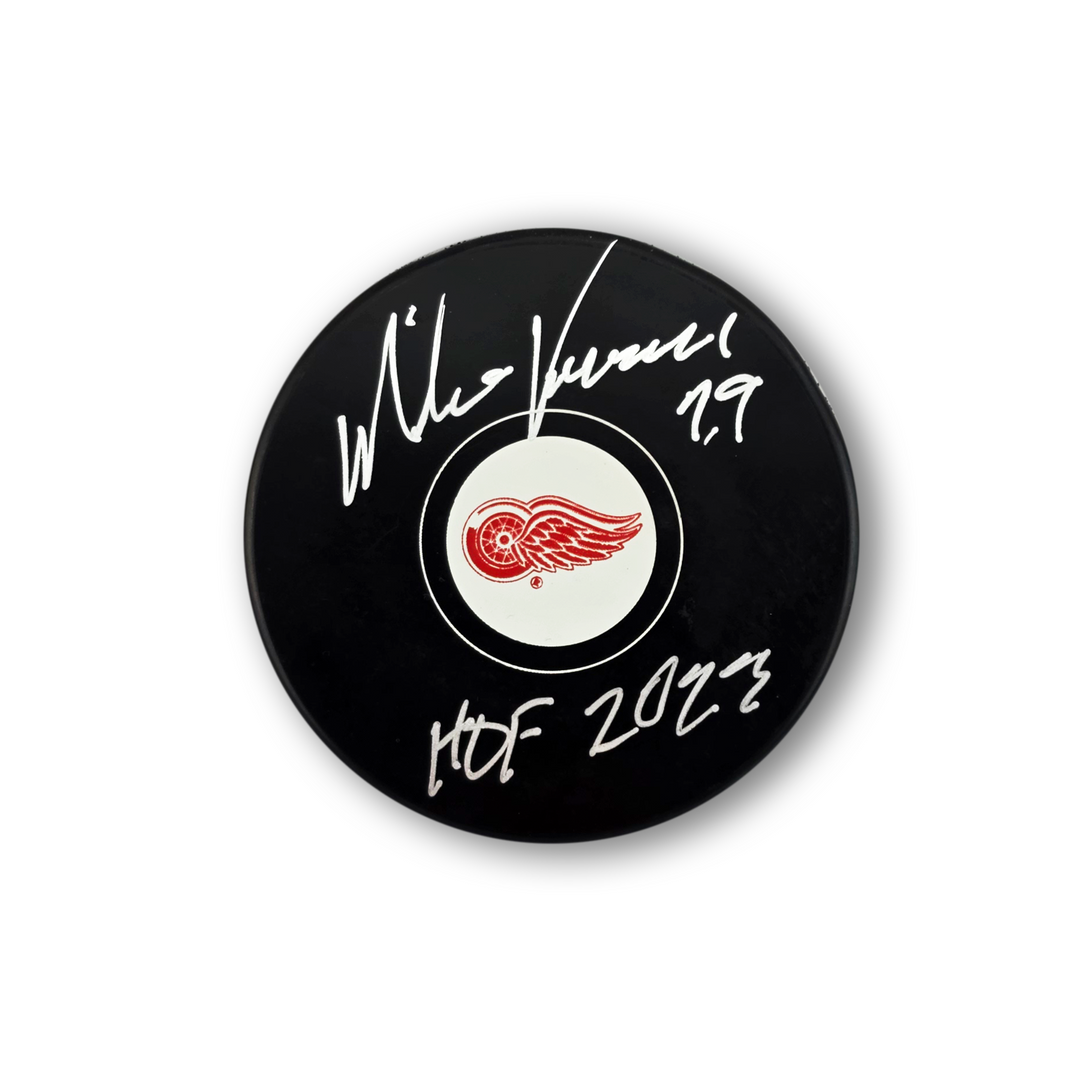 Mike Vernon Autographed Detroit Red Wings Hockey Puck Inscribed HOF