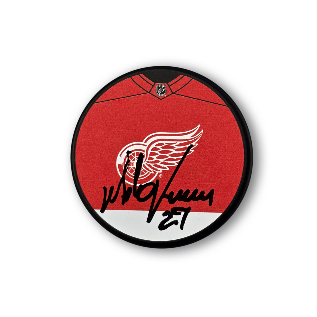 Mike Vernon Autographed Detroit Red Wings Jersey Design Hockey Puck