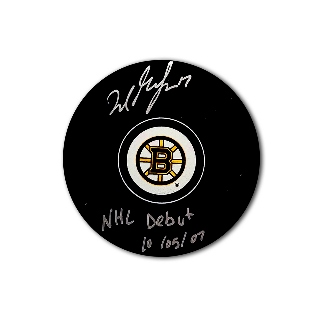 Milan Lucic Boston Bruins Autographed Hockey Puck Inscribed NHL Debut 10/05/07