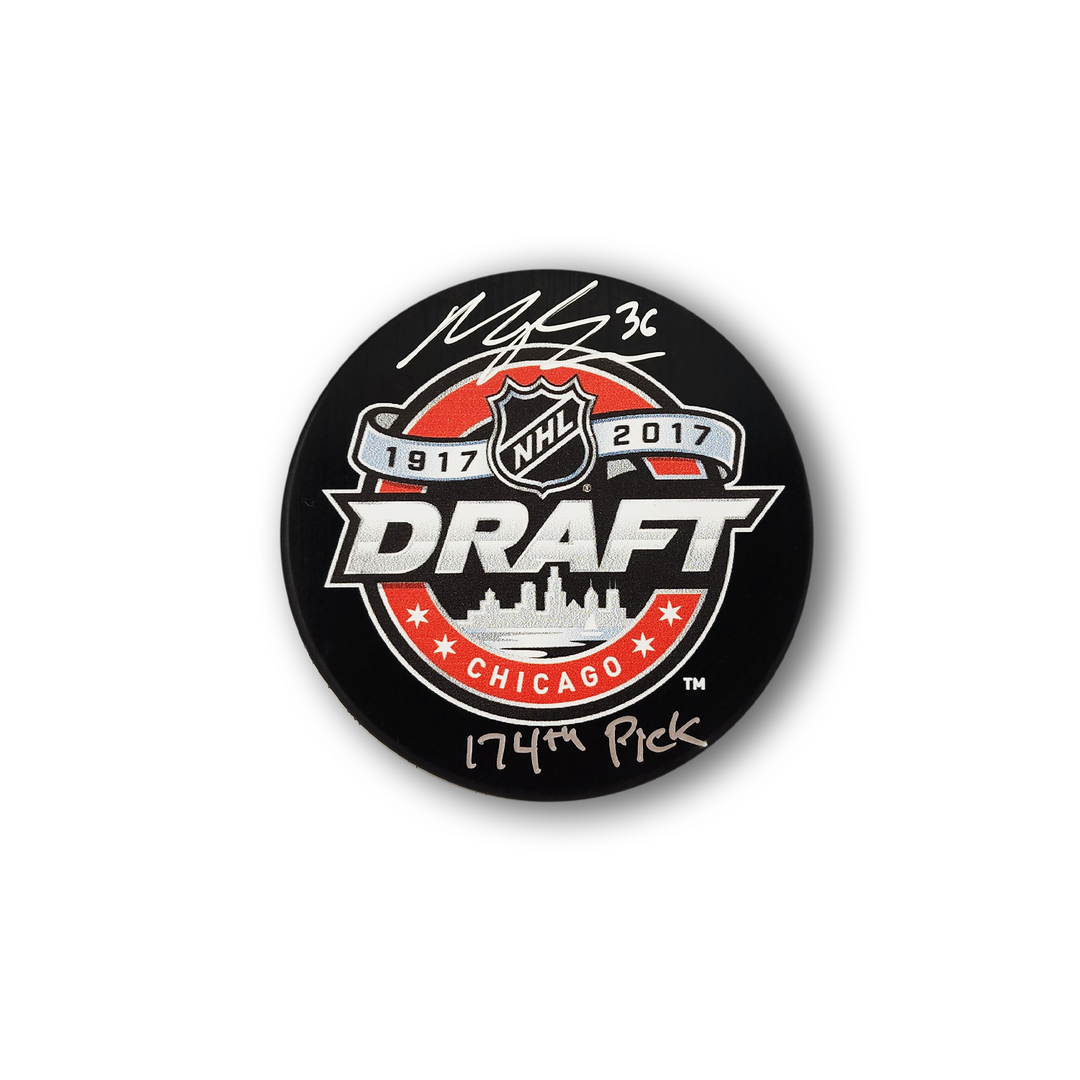 Morgan Barron Autographed 2017 NHL Draft Hockey Puck Inscribed 174th Pick