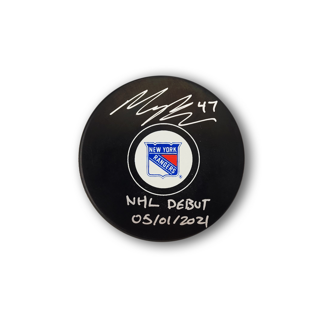 Morgan Barron Autographed New York Rangers Hockey Puck Inscribed NHL Debut