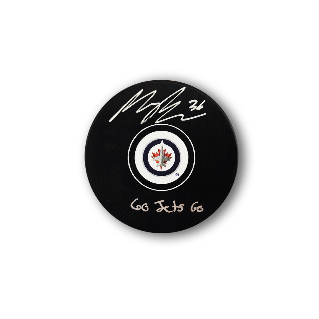 Morgan Barron Autographed Winnipeg Jets Hockey Puck Inscribed Go Jets Go