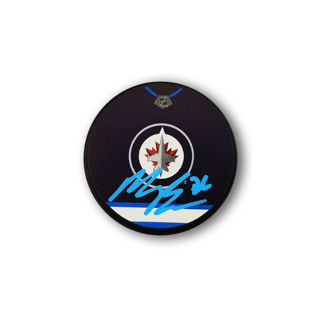 Morgan Barron Autographed Winnipeg Jets Jersey Design Hockey Puck