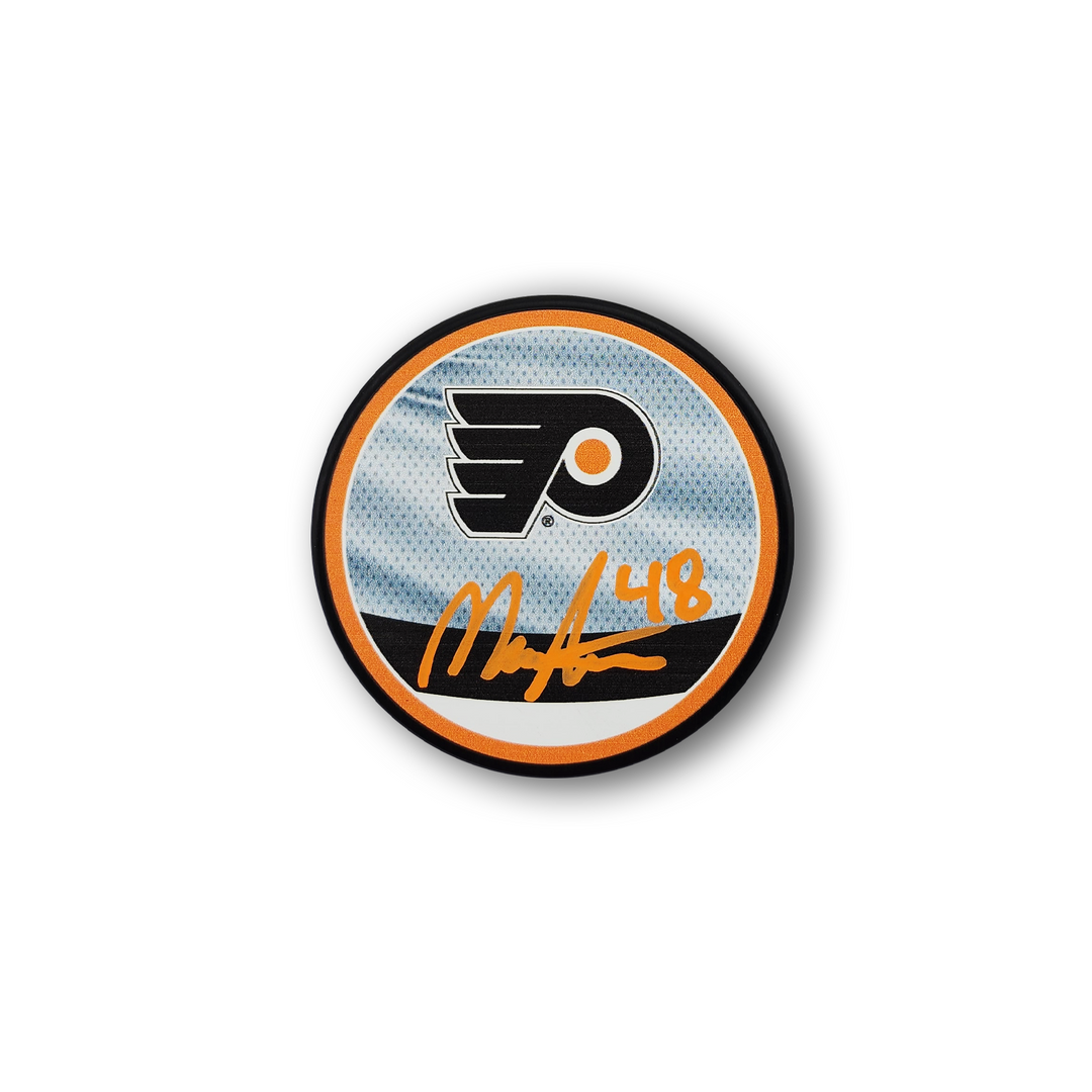 Morgan Frost Autographed Philadelphia Flyers Reverse Retro Hockey Puck