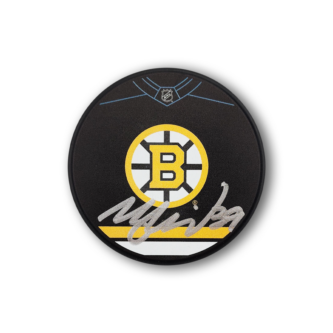 Morgan Geekie Autographed Boston Bruins Jersey Design Hockey Puck