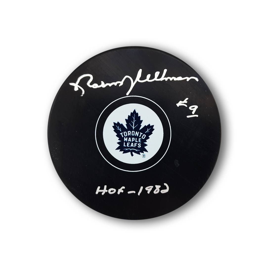 Norm Ullman Autographed Toronto Maple Leafs Hockey Puck Inscribed HOF 1982