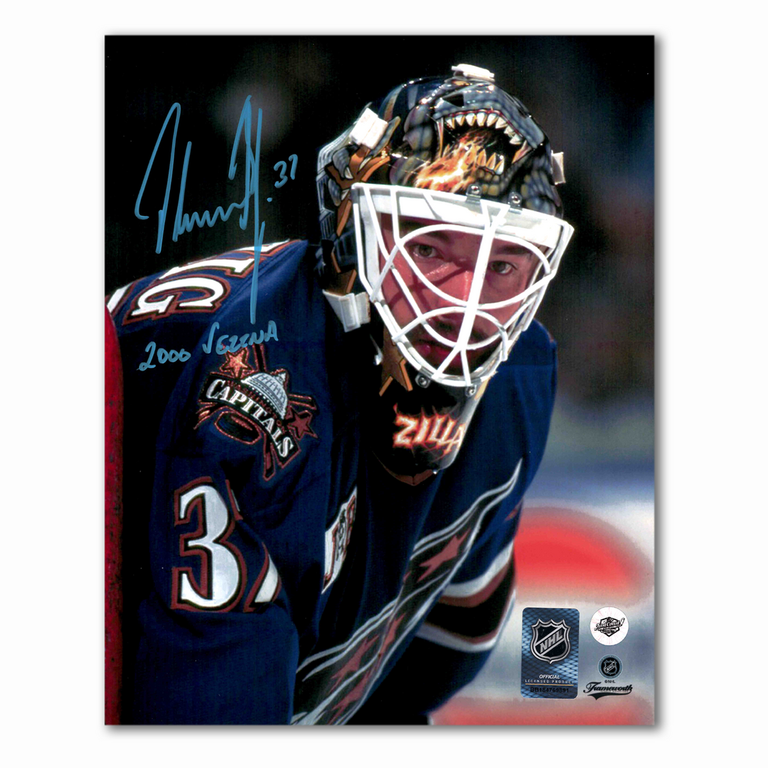 Olaf Kolzig Autographed Washington Capitals Blue 8x10 Photo Inscribed 2000 Vezina