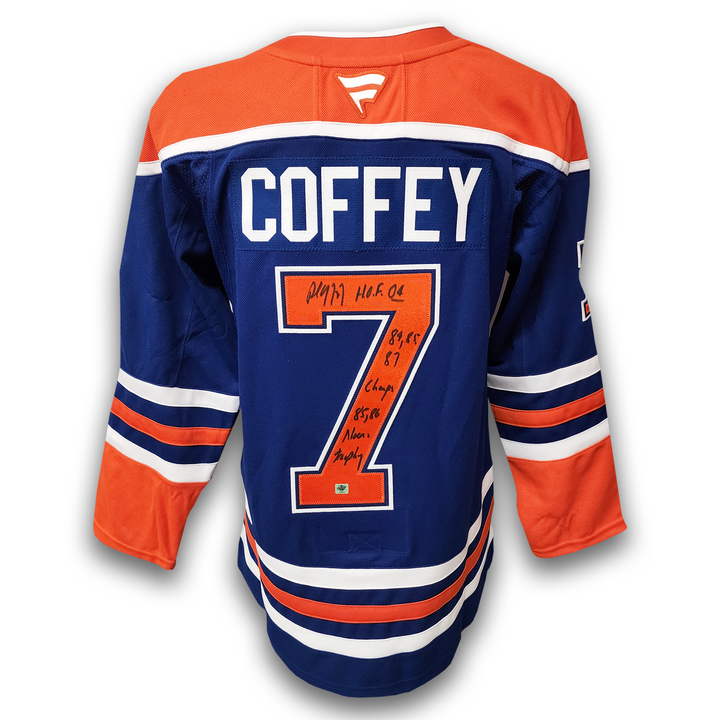 Paul Coffey Autographed Edmonton Oilers Fanatics Premium Jersey Inscribed Norris and Cups