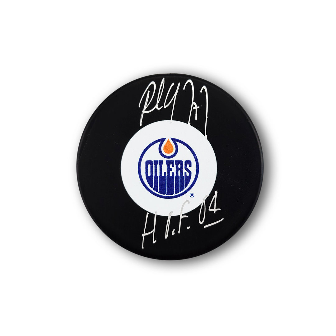 Paul Coffey Autographed Edmonton Oilers Hockey Puck Inscribed HOF
