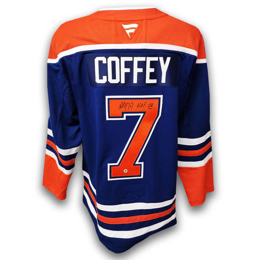 Paul Coffey Autographed Edmonton Oilers Fanatics Premium Jersey Inscribed HOF