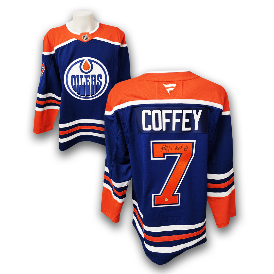 Paul Coffey Autographed Edmonton Oilers Fanatics Premium Jersey Inscribed HOF