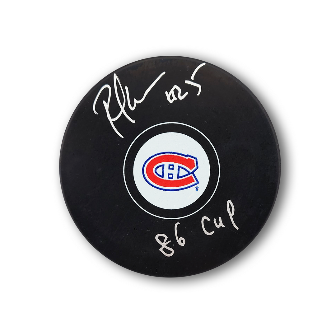 Petr Svoboda Autographed Montreal Canadiens Hockey Puck Inscribed 86 Cup