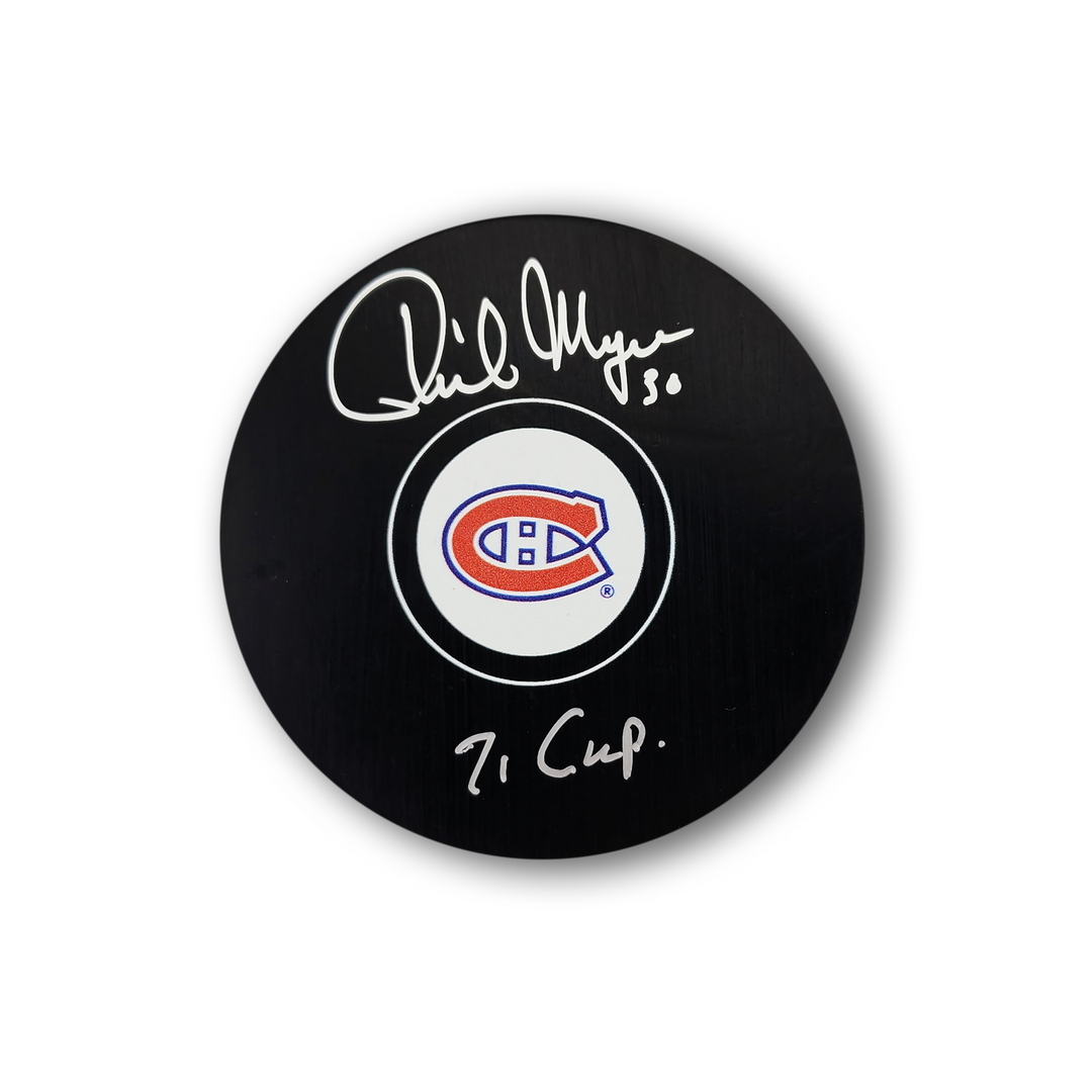 Phil Myre Autographed Montreal Canadiens Hockey Puck inscribed 71 Cup
