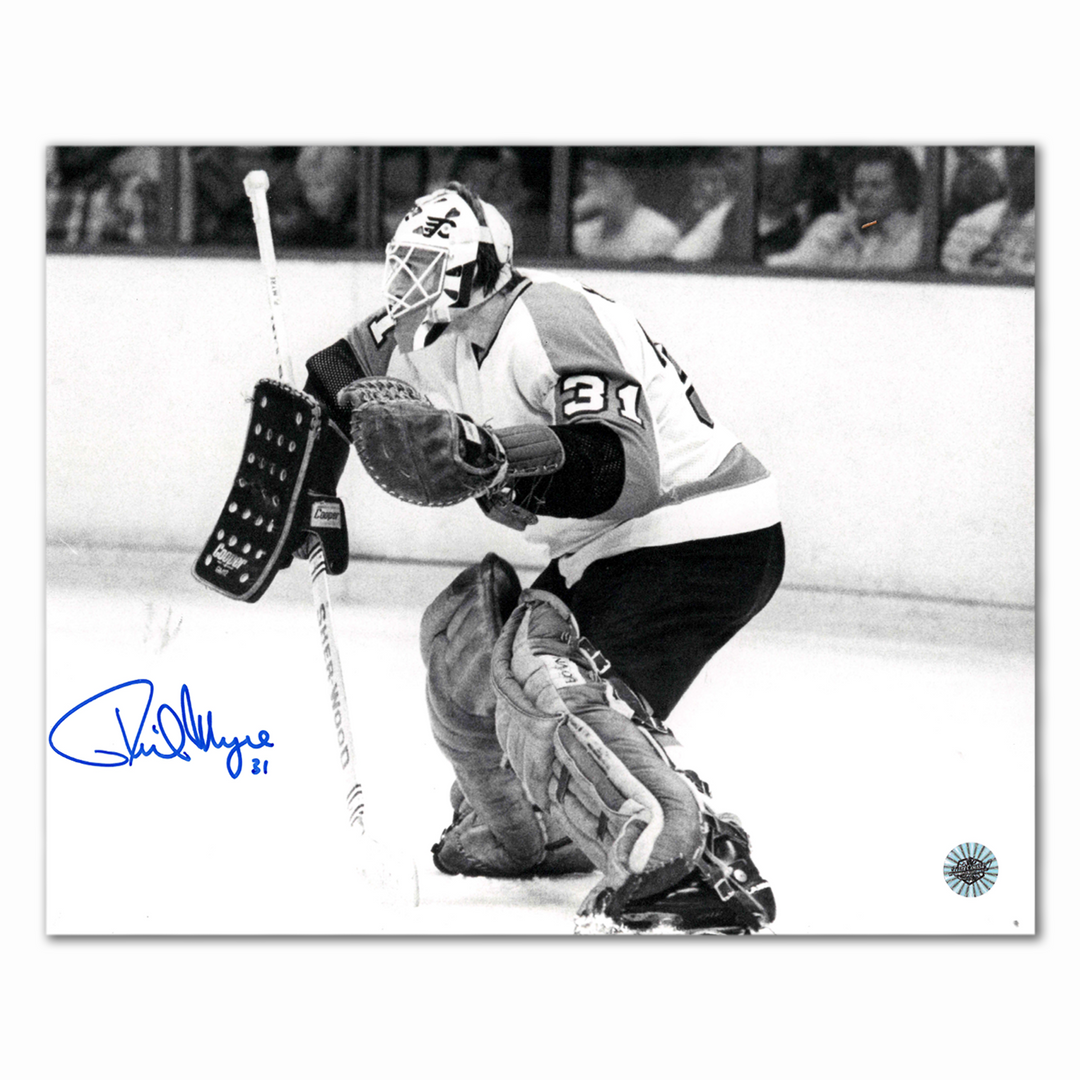 Phil Myre Autographed Philadelphia Flyers Away Black and White 8x10 Photo