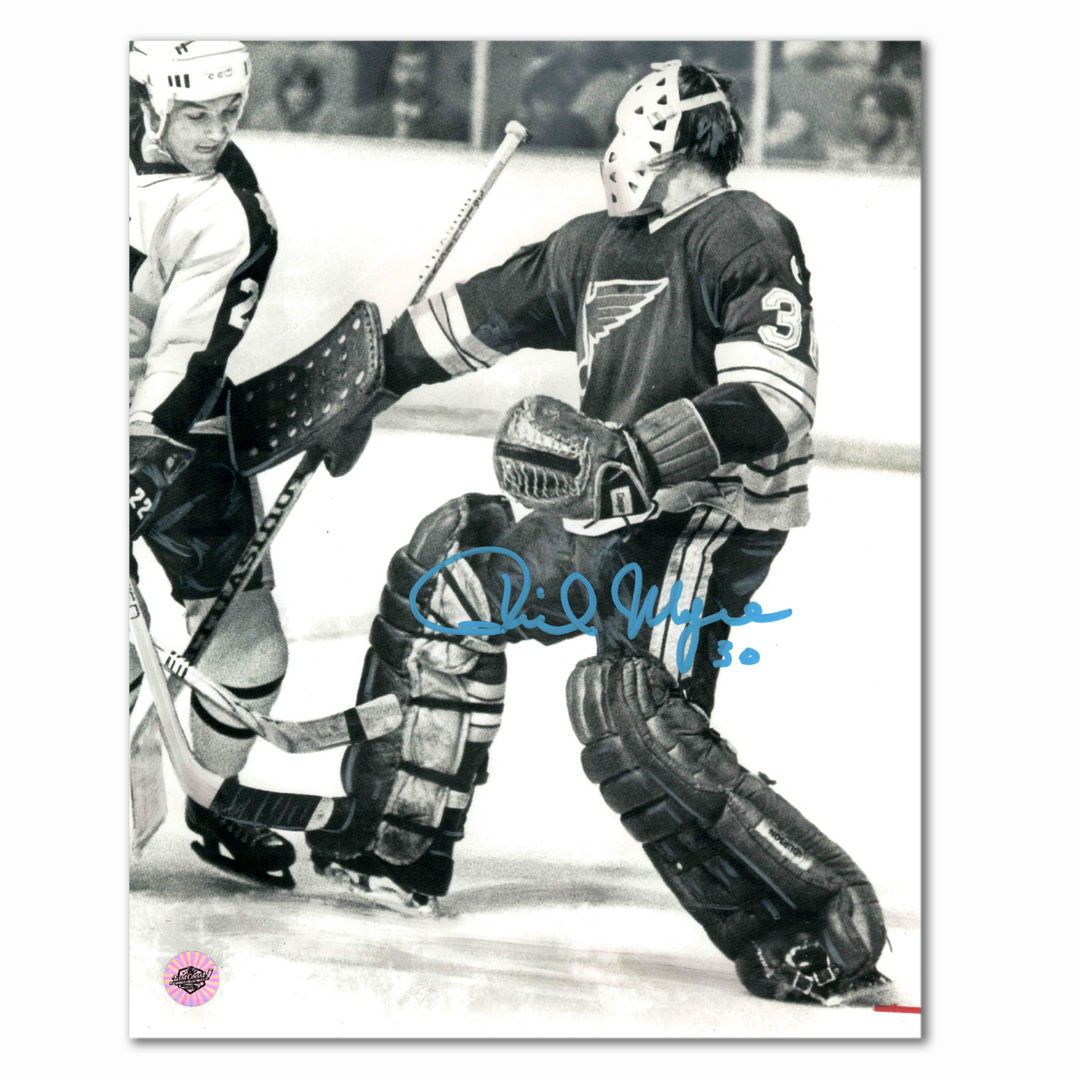 Phil Myre Autographed St. Louis Blues Black and White 8x10 Photo