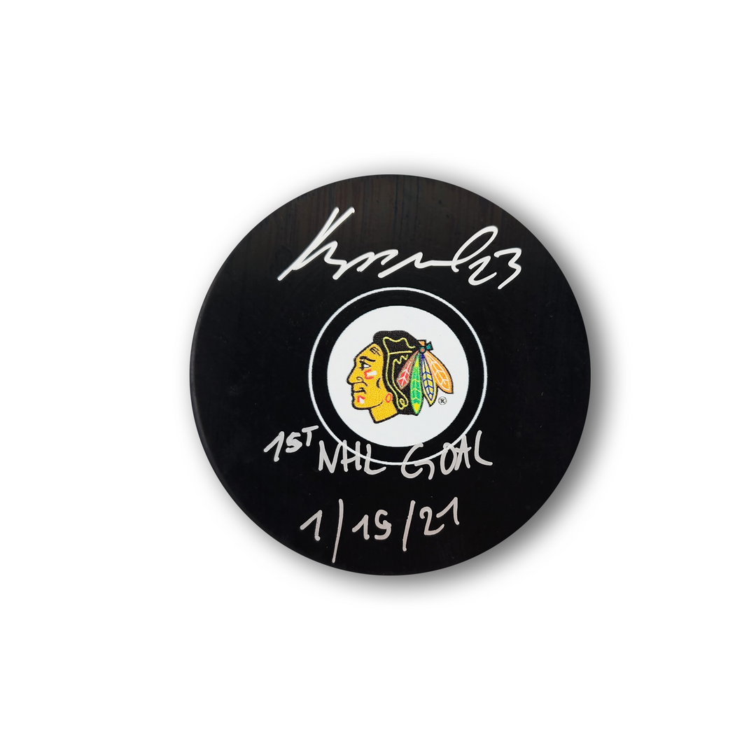 Philipp Kurashev Autographed Chicago Black Hawks Hockey Puck Inscribed 1st Goal