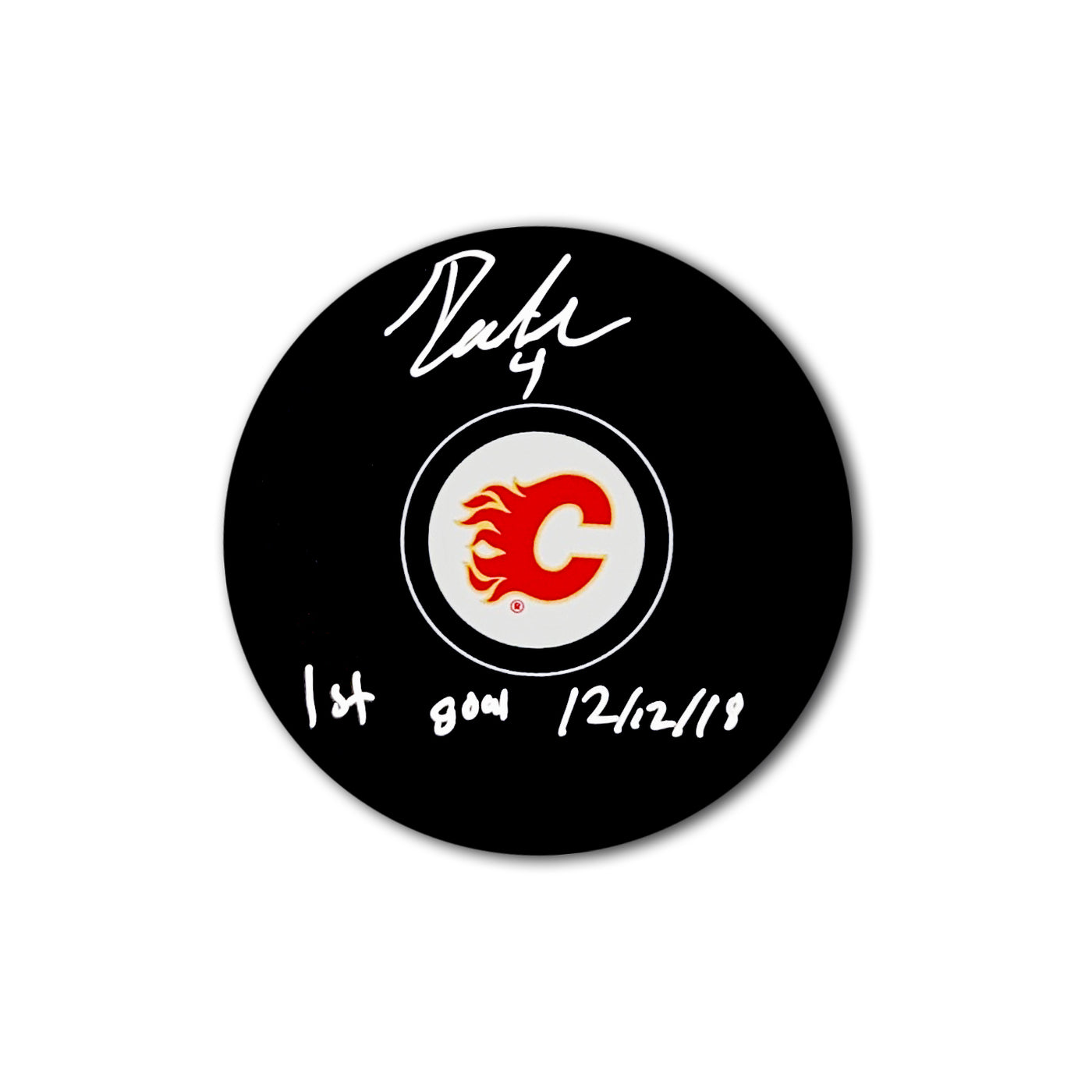 Rasmus Andersson Calgary Flames Autographed Hockey Puck Inscribed 1st Goal 12/12/18