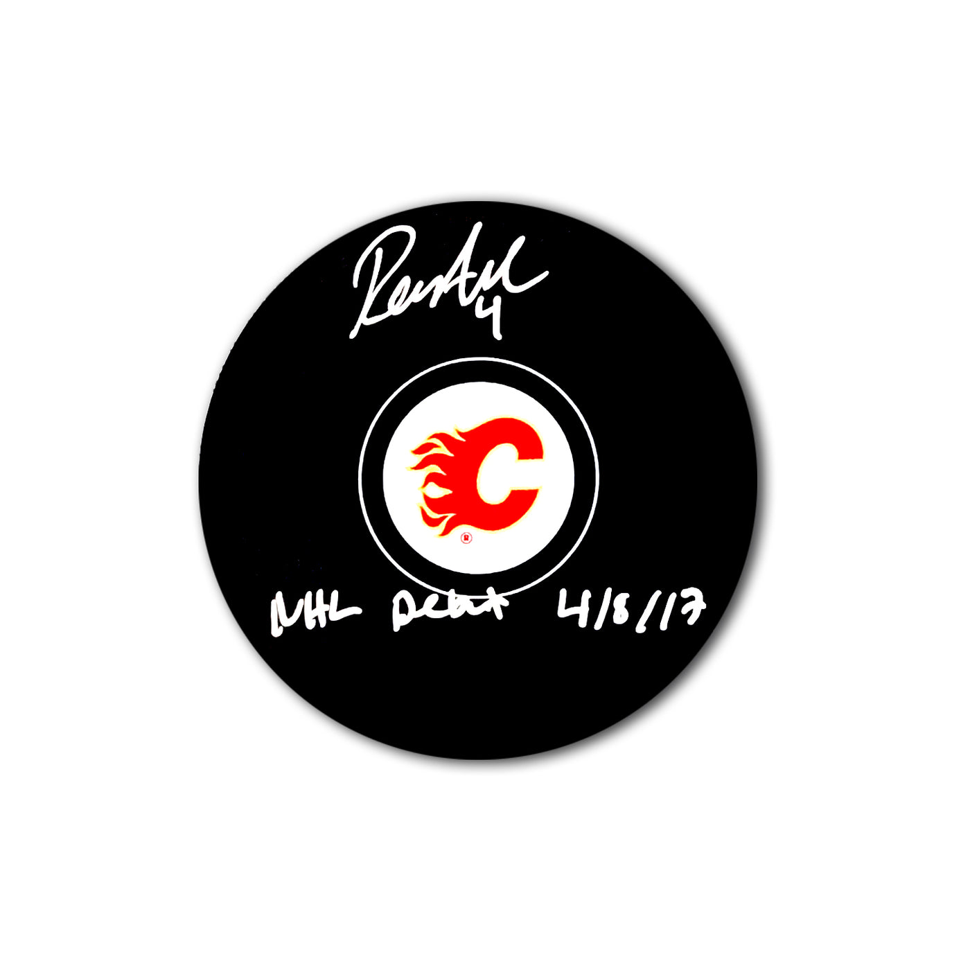 Rasmus Andersson Calgary Flames Autographed Hockey Puck Inscribed NHL Debut 4/8/17