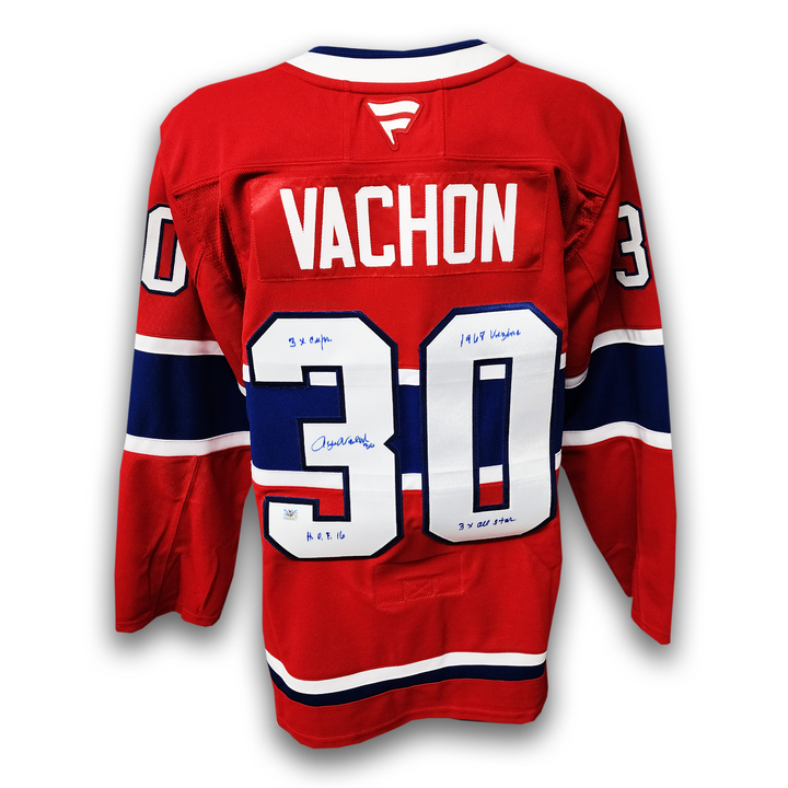 Rogie Vachon Autographed Montreal Canadiens Fanatics Premium Jersey Career Inscriptions