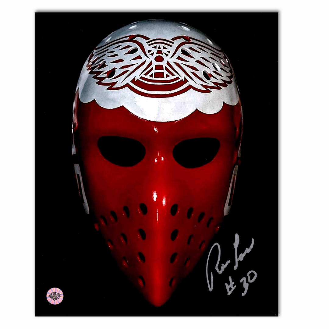 Ron Low Autographed Detroit Red Wings Mask 8x10 Photo