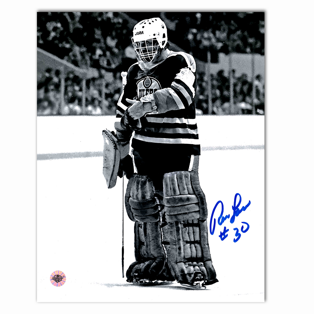 Ron Low Autographed Edmonton Oilers Home 8x10 Photo (B/W)