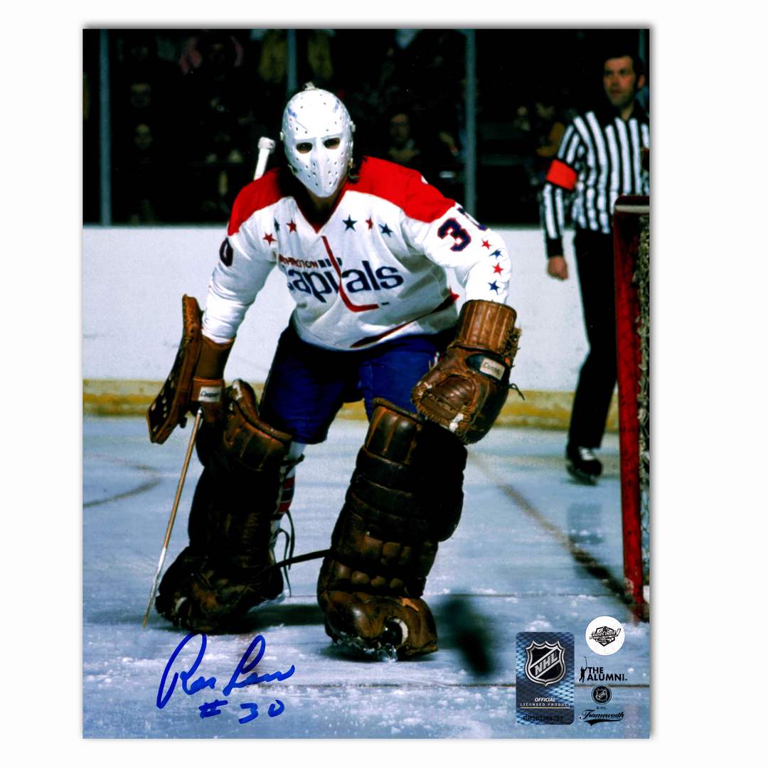 Ron Low Autographed Washington Capitals Away 8x10 Photo (White Mask)