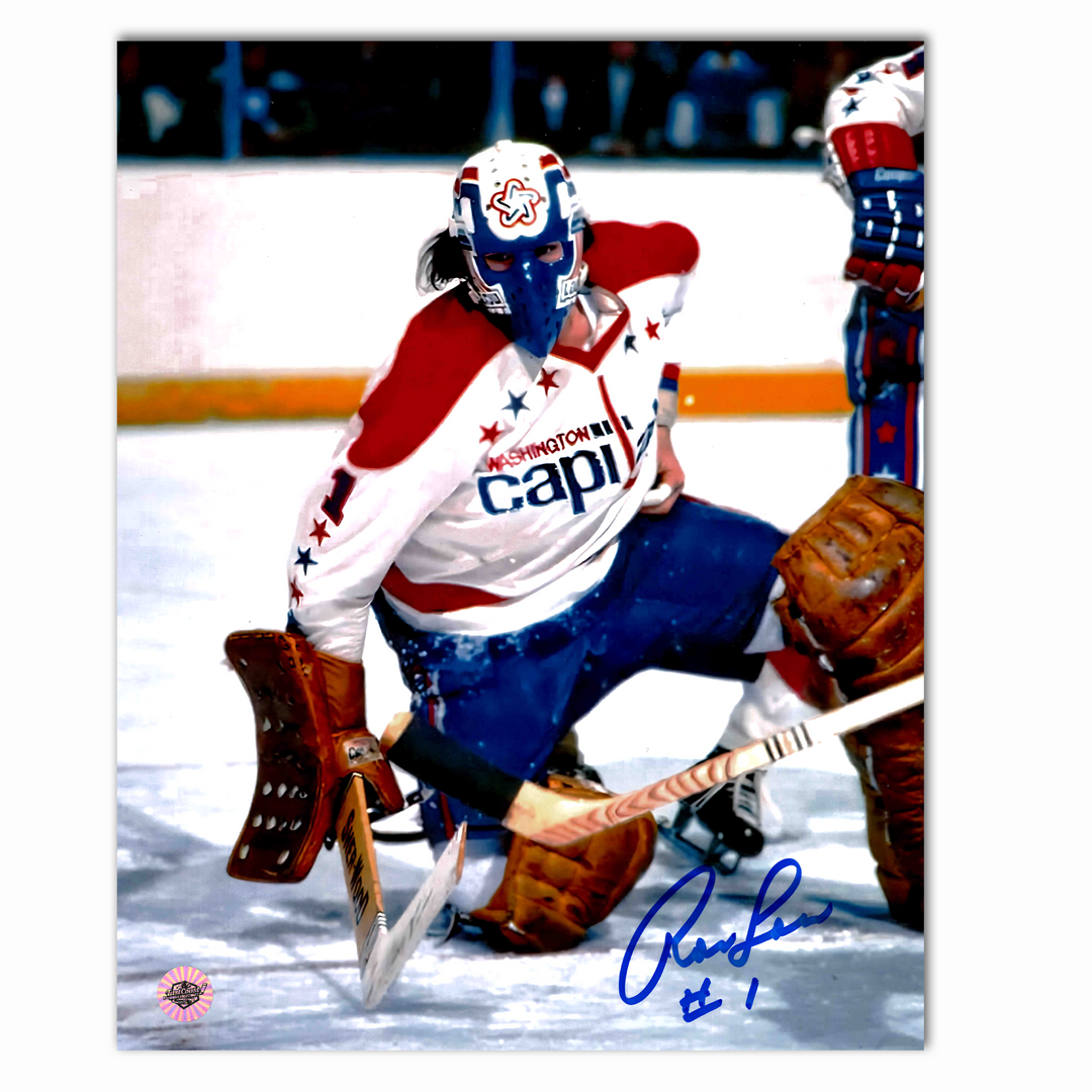 Ron Low Autographed Washington Capitals Away 8x10 Photo (Blue Mask)