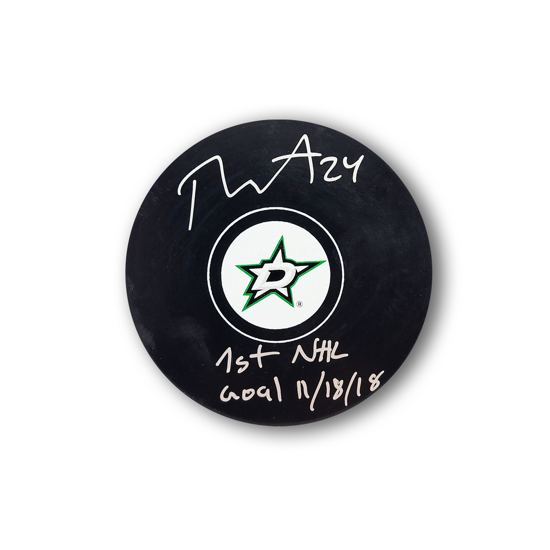 Roope Hintz Autographed Dallas Stars Hockey Puck Inscribed 1st NHL Goal
