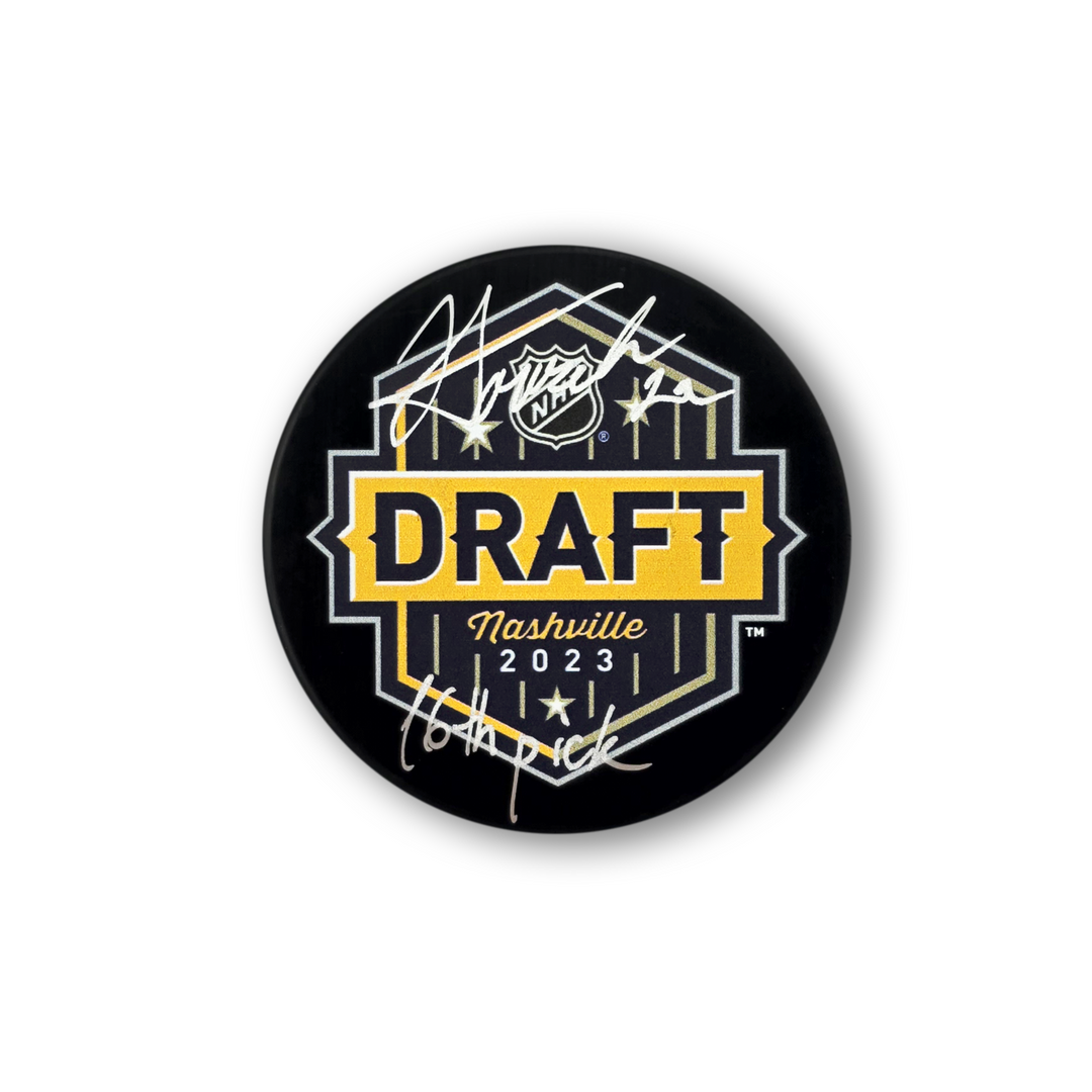 Sam Honzek Autographed 2023 NHL Draft Hockey Puck Inscribed 16th Pick