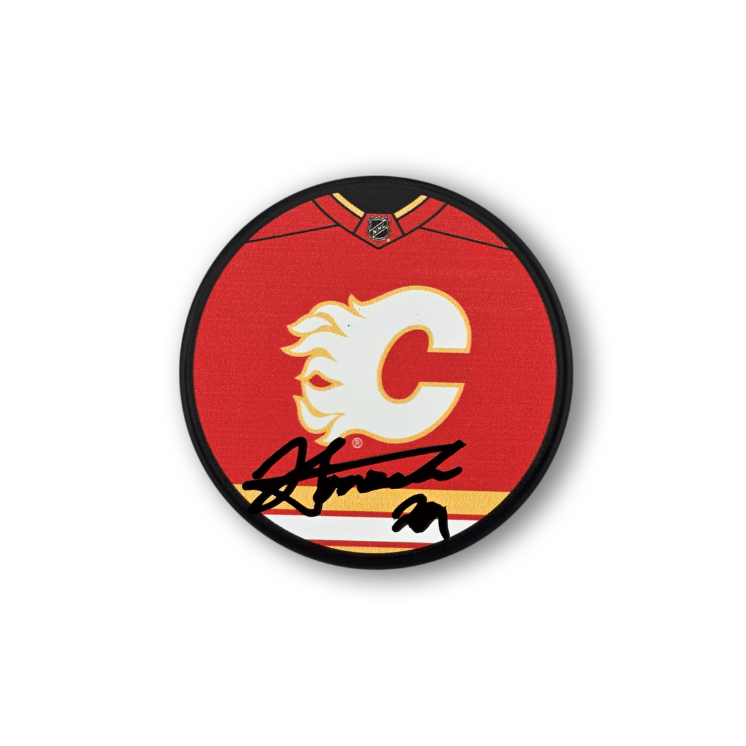 Sam Honzek Autographed Calgary Flames Jersey Design Hockey Puck