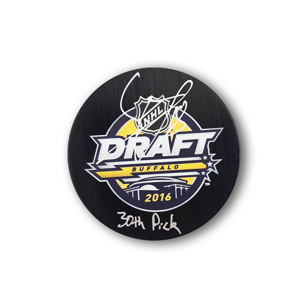 Sam Steel Autographed 2016 NHL Draft Hockey Puck Inscribed 30th Pick