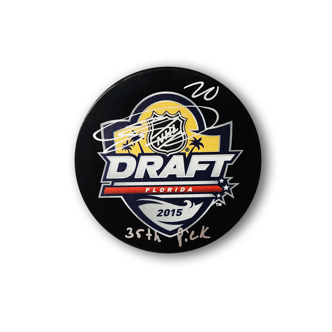 Sebastian Aho Autographed 2015 NHL Draft Hockey Puck Inscribed 35th Pick