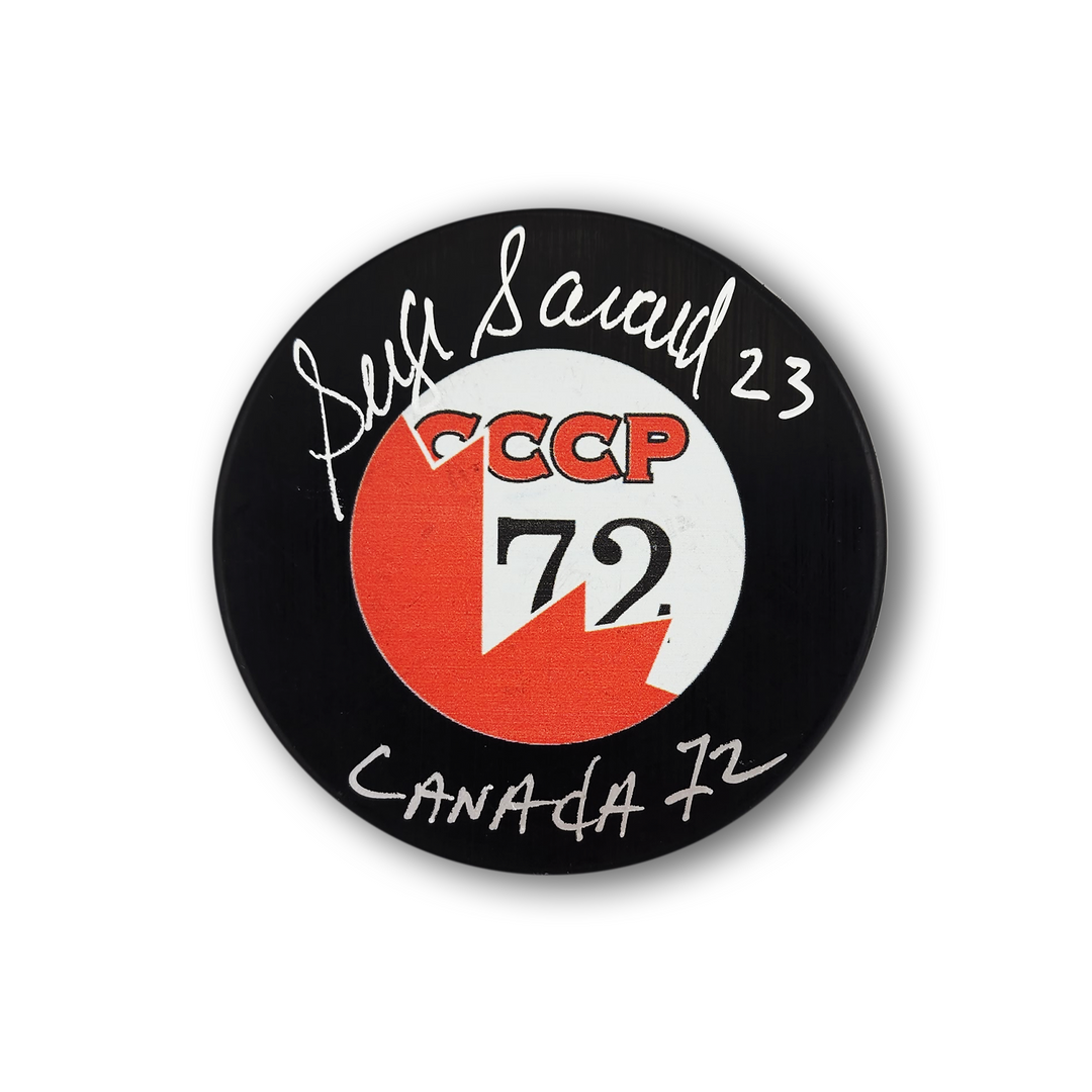 Serge Savard Autographed Team Canada Hockey Puck Inscribed 72 Canada