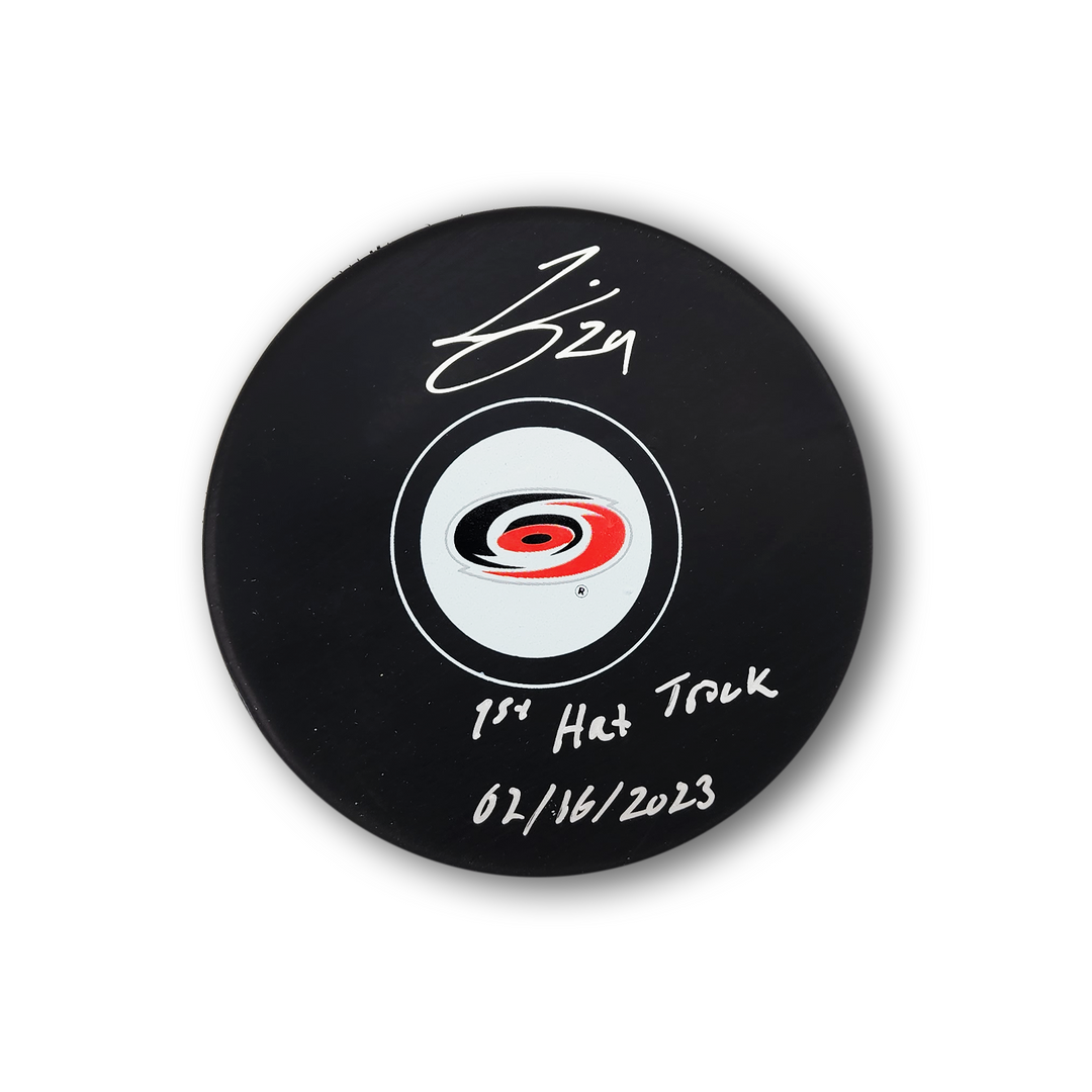 Seth Jarvis Autographed Carolina Hurricanes Hockey Puck Inscribed 1st Hat Trick