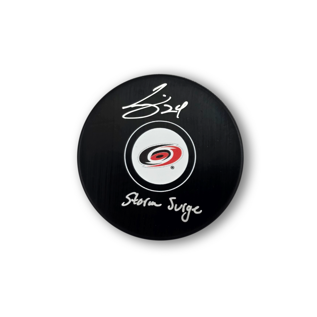 Seth Jarvis Autographed Carolina Hurricanes Hockey Puck Inscribed Storm Surge