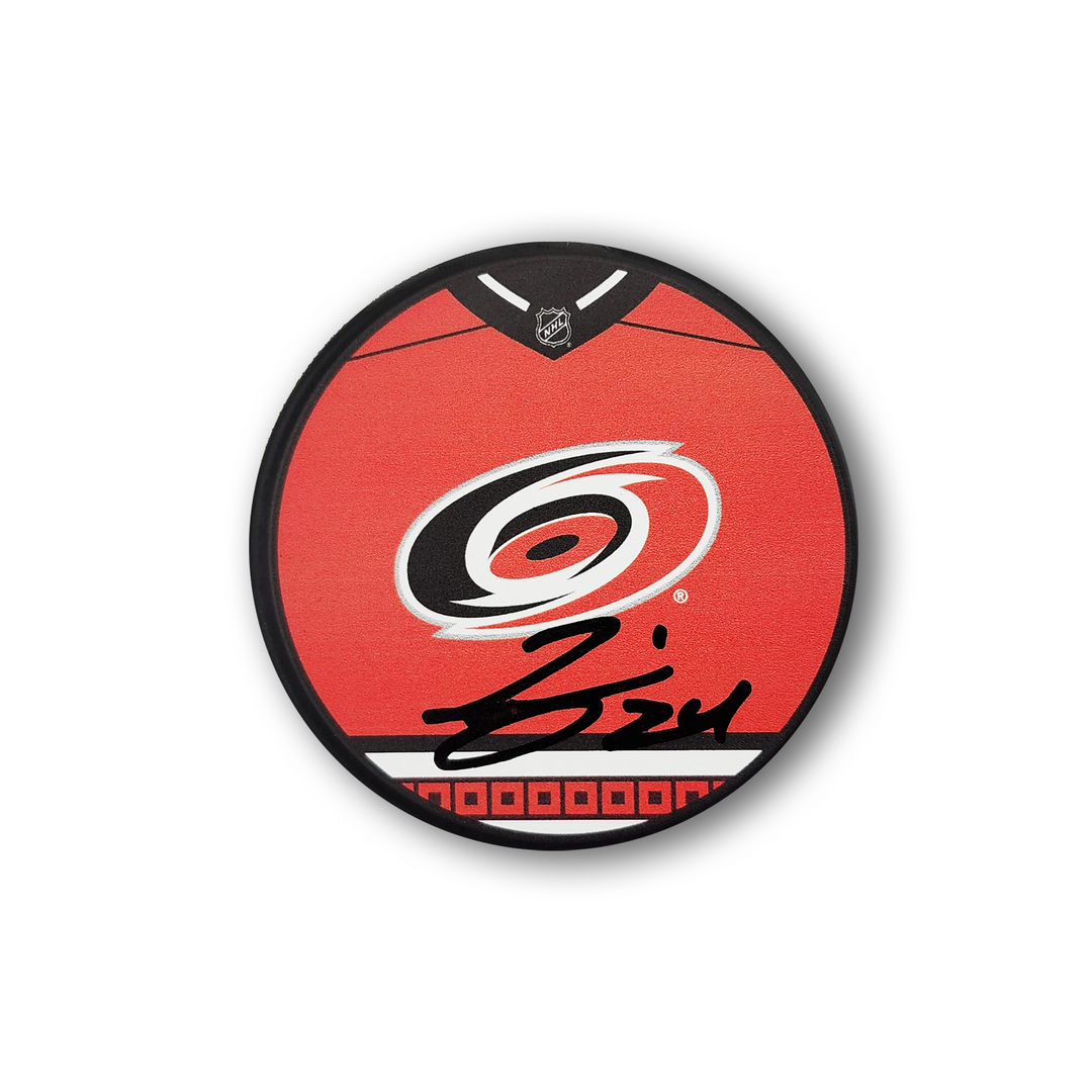 Seth Jarvis Autographed Carolina Hurricanes Jersey Design Hockey Puck