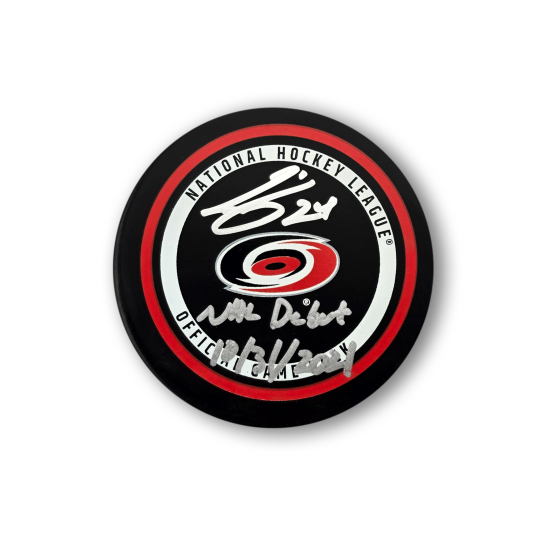 Seth Jarvis Autographed Carolina Hurricanes Official Hockey Puck Inscribed NHL Debut