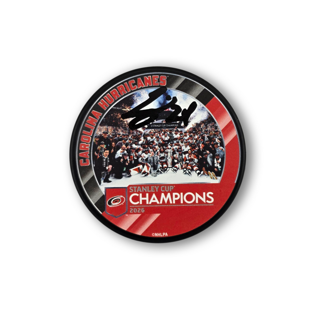 Seth Jarvis Autographed Carolina Hurricanes 2026 Stanley Cup Hockey Puck (Group)