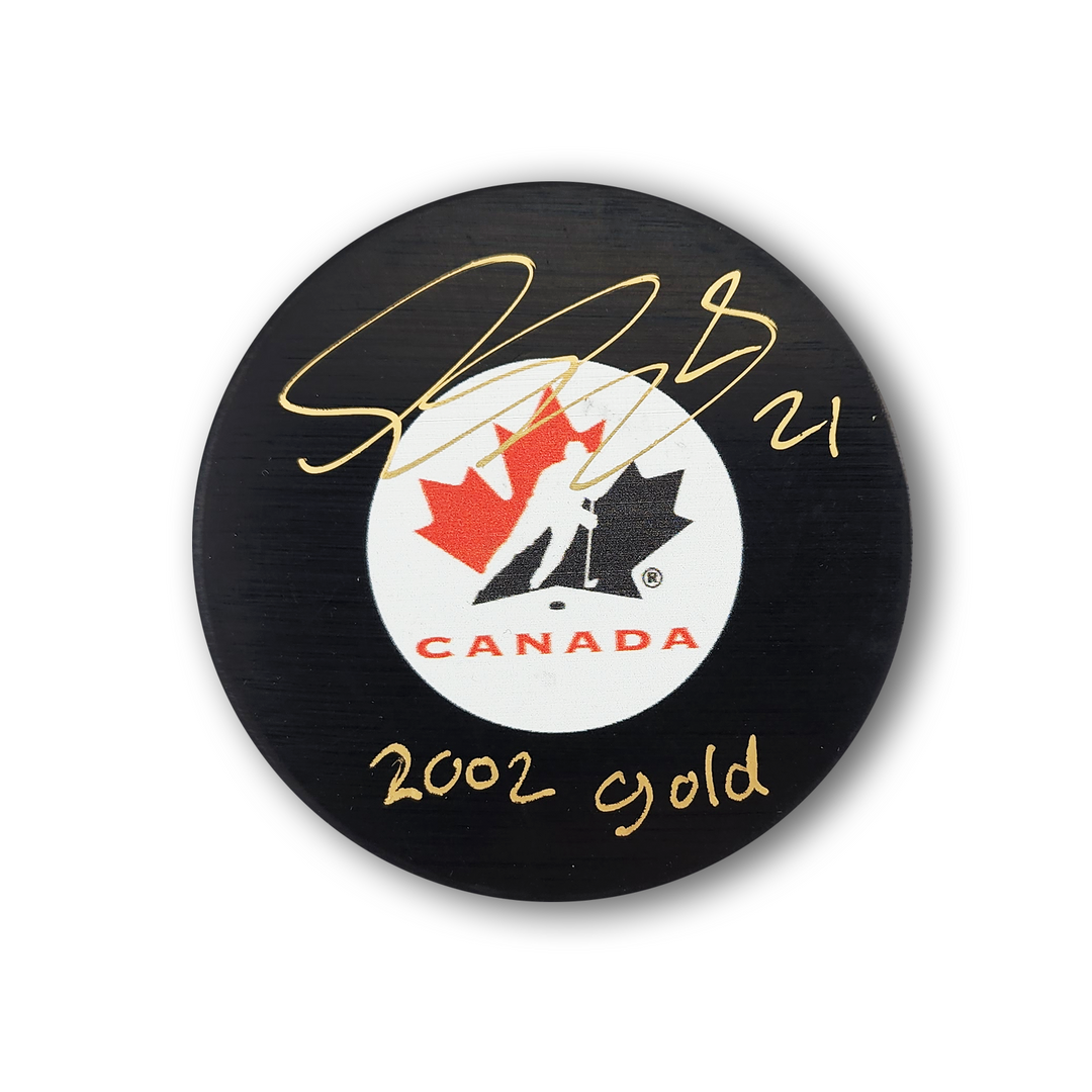 Simon Gagne Autographed Team Canada Hockey Puck Inscribed 2002 Gold