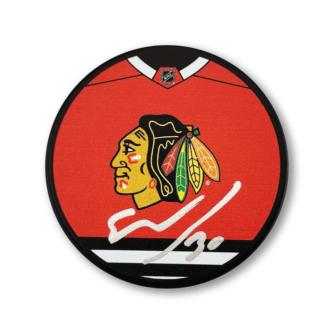 Spencer Knight Autographed Chicago Black Hawks Jersey Design Hockey Puck
