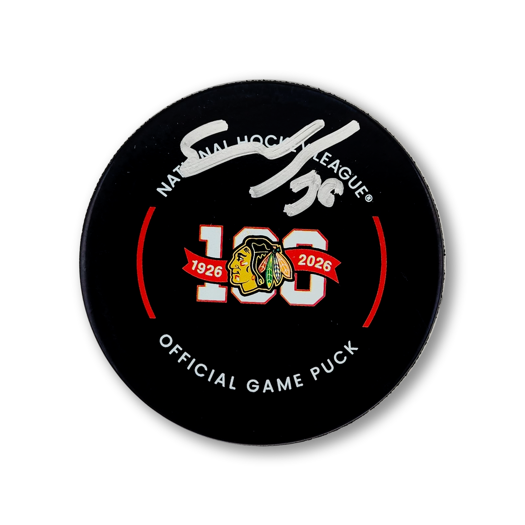 Spencer Knight Autographed Chicago Black Hawks 100th Year Official Hockey Puck