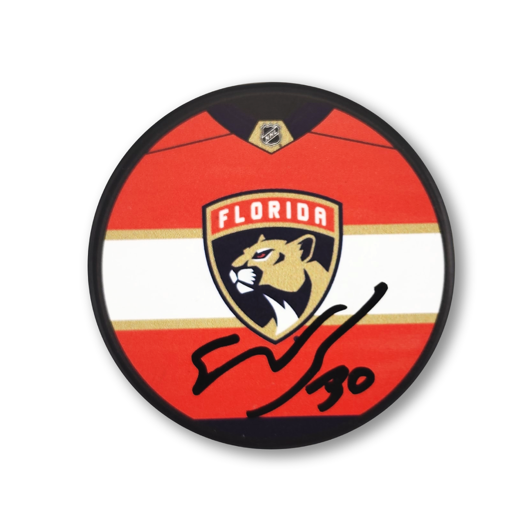 Spencer Knight Autographed Florida Panthers Jersey Design Hockey Puck