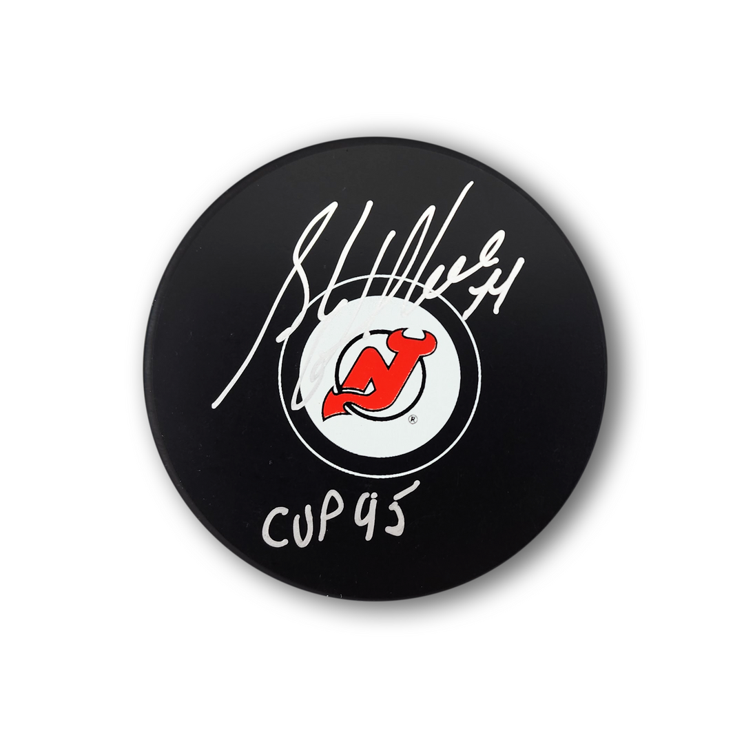 Stephane Richer Autographed New Jersey Devils Hockey Puck Inscribed 95 Cup