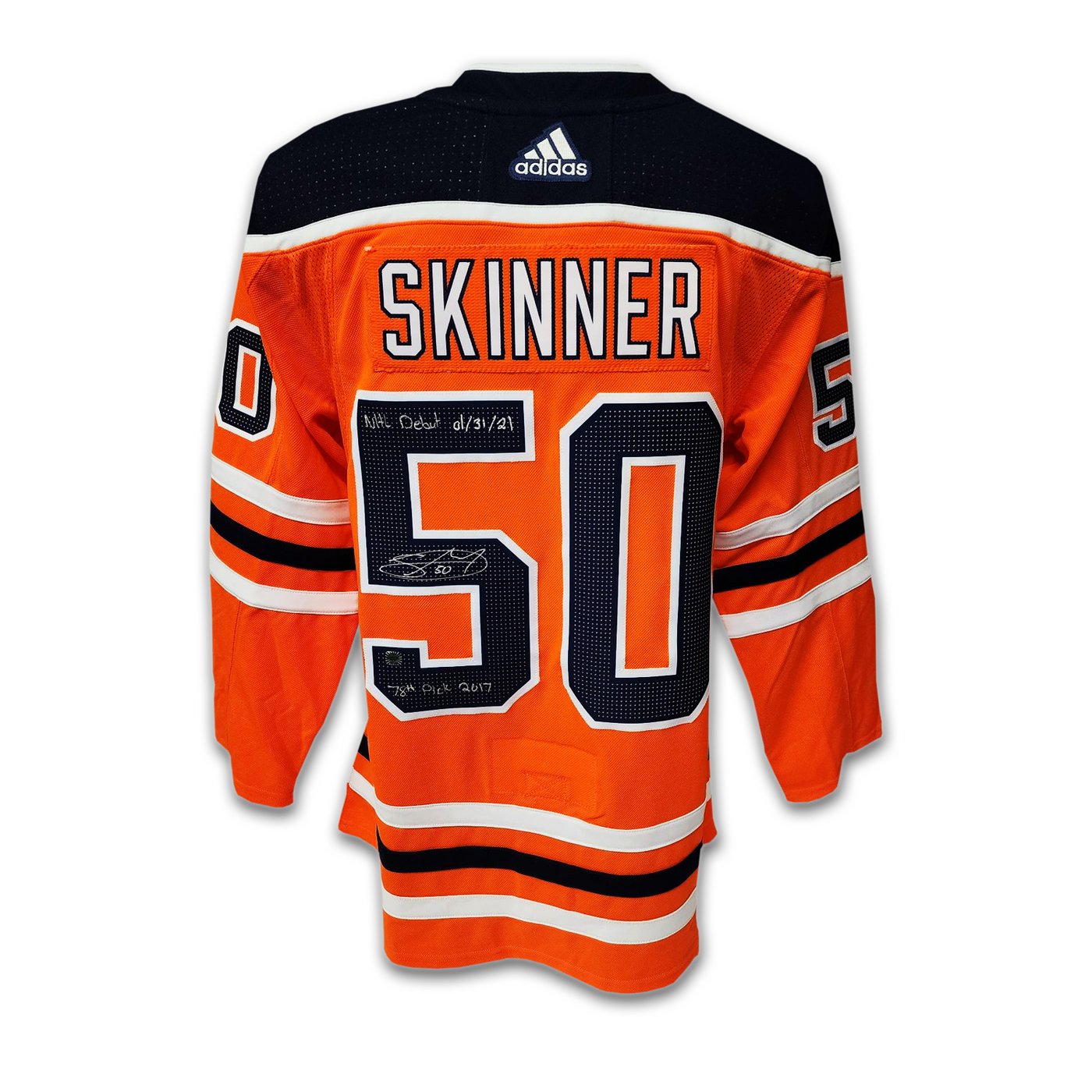 Stuart Skinner Autographed Edmonton Oilers Home Adidas Jersey Inscribed NHL Debut and 78th Pick