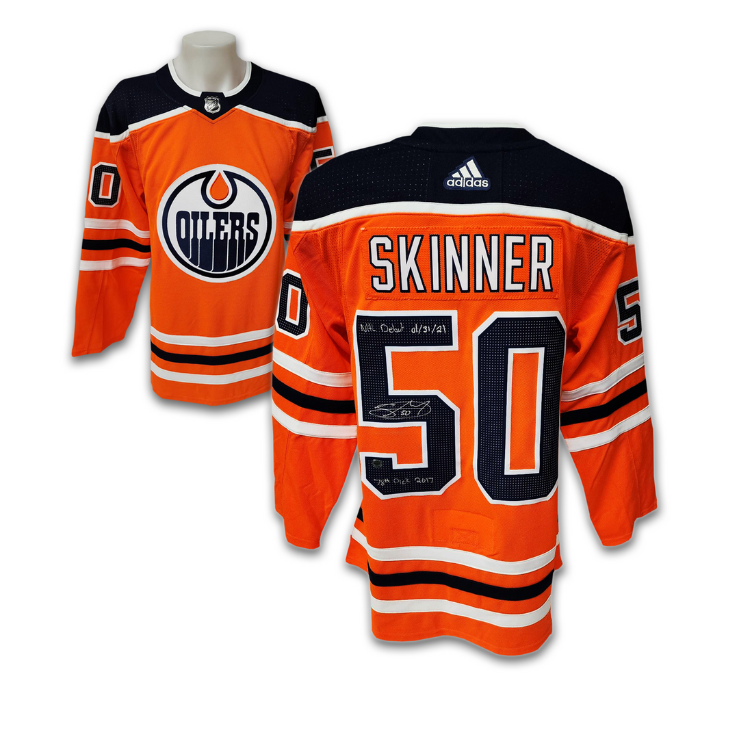 Stuart Skinner Autographed Edmonton Oilers Home Adidas Jersey Inscribed NHL Debut and 78th Pick