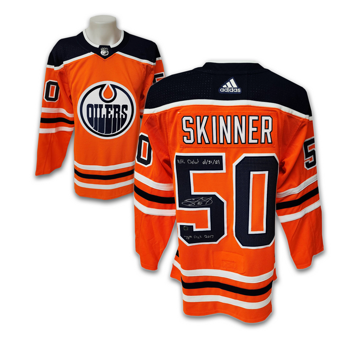 Stuart Skinner Autographed Edmonton Oilers Home Adidas Jersey Inscribed NHL Debut and 78th Pick