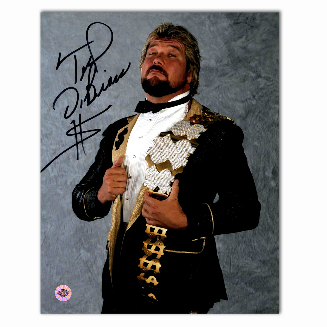 Ted Dibiase "Million Dollar Man" Autographed WWE Belt Pose 8x10 Photo